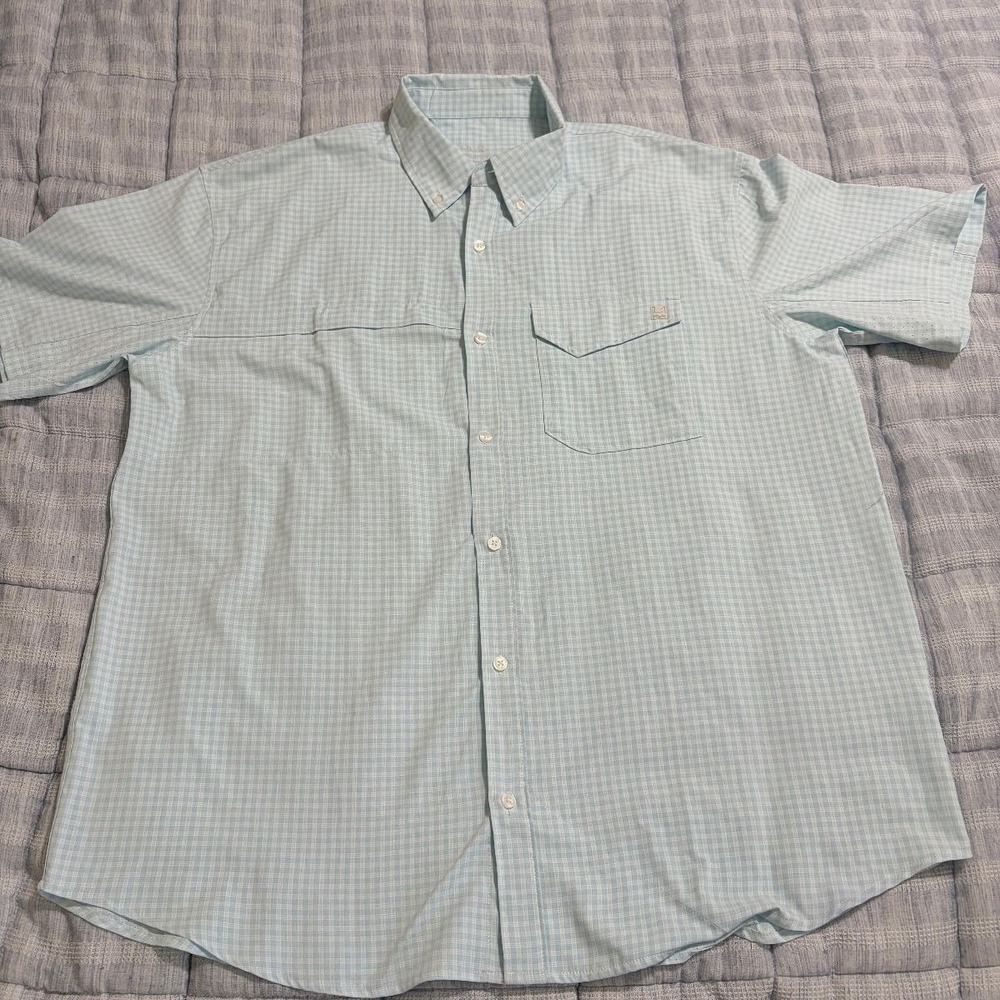 Huk Button Up Fishing Shirt Short Sleeve Windowpane Mens 2XL Light Blue PreOwned